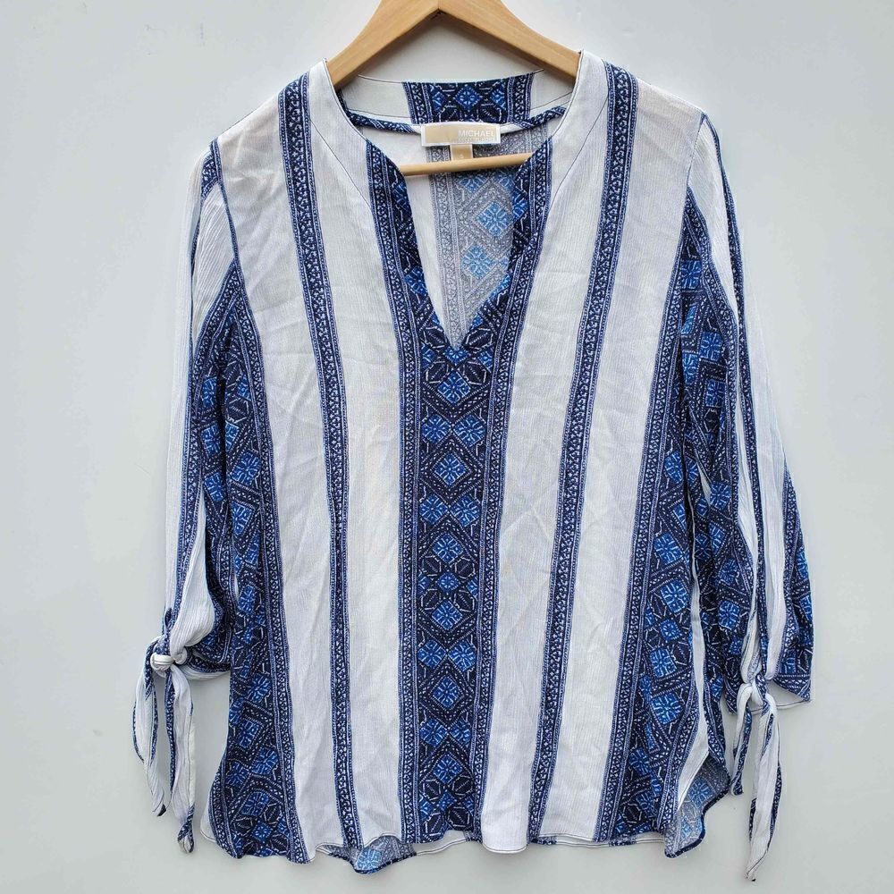 Michael Kors Women's Blue‎ & White Ikat Boho Blouse Top Size Small